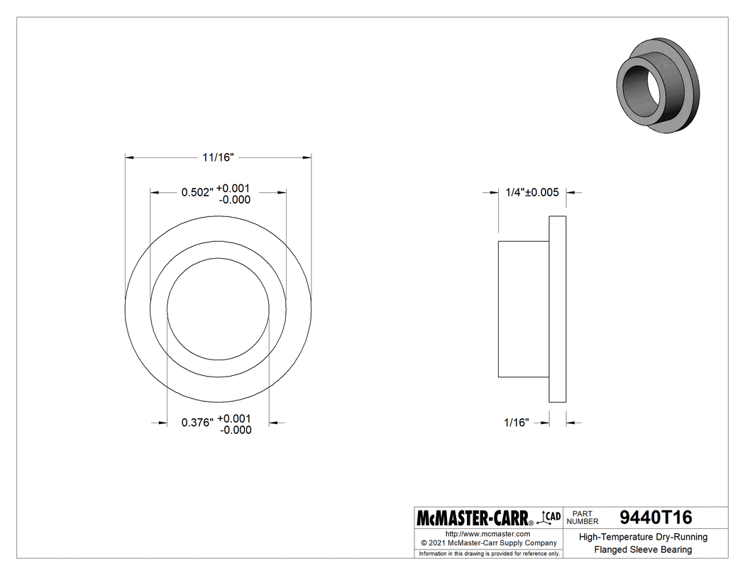 Technical Drawing of High-Temperature 841 Bearing Bronze Flanged Sleeve Bearing, Graphite-Lubricated, for 3/8" Shaft Diameter, 1/4" Long.